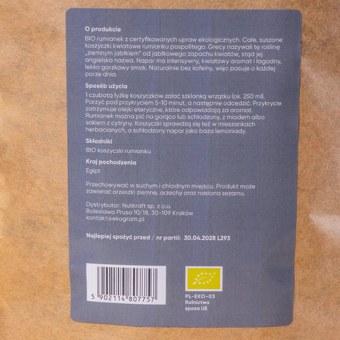 Etykieta rumianku BIO Ekogram – skład, sposób parzenia i certyfikat PL-EKO-03